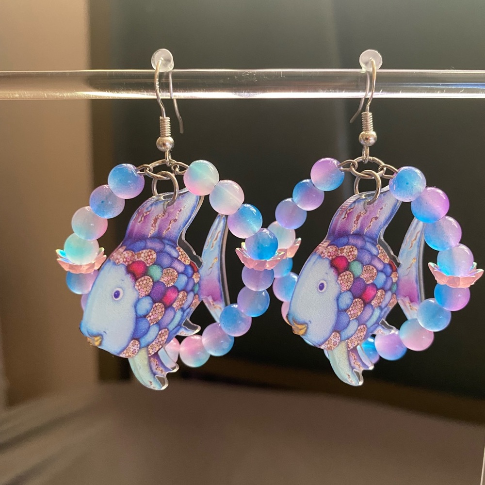 Rainbow Fish Bead Hoop Earrings